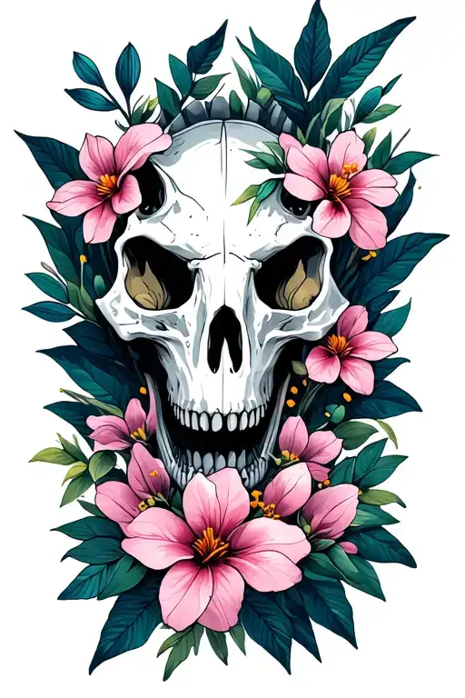 Dinosaur Skull And Sri Lankan Jasmine Flowers