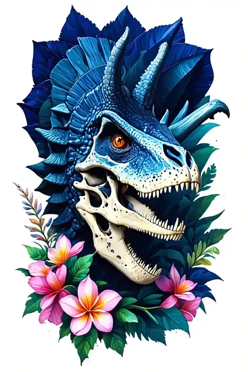 Dinosaur Skull Stegosaurus And Sri Lankan Jasmine Flowers