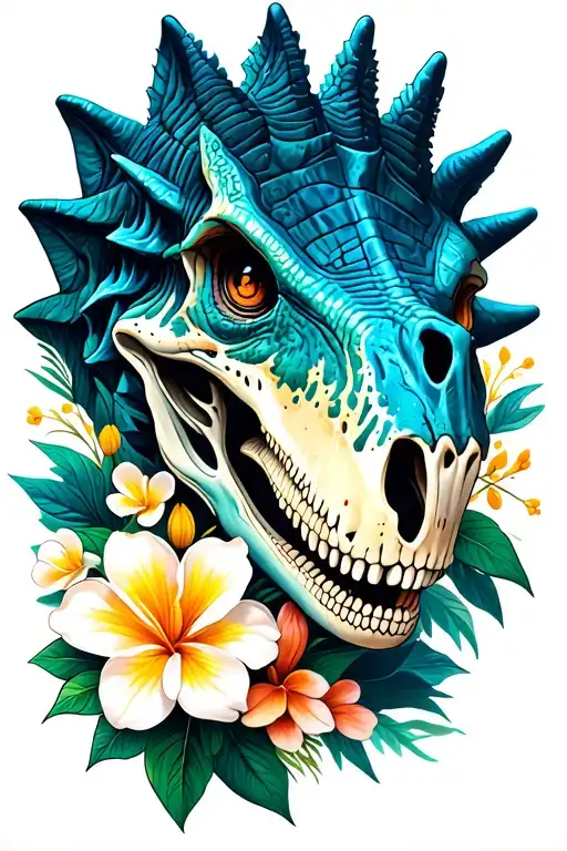 Dinosaur Skull Stegosaurus And Sri Lankan Jasmine Flowers
