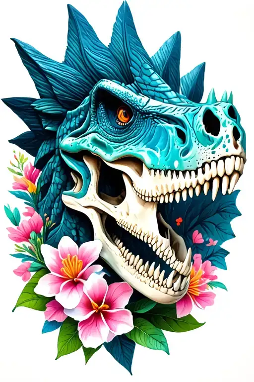 Dinosaur Skull Stegosaurus And Sri Lankan Jasmine Flowers