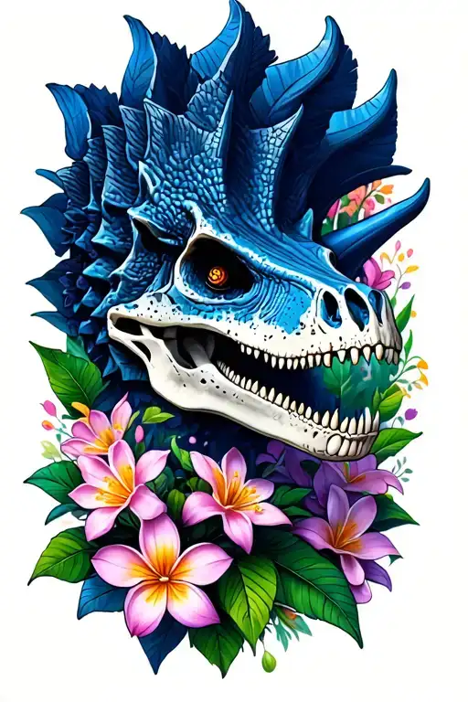 Dinosaur Skull Stegosaurus And Sri Lankan Jasmine Flowers