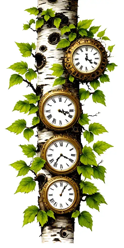 Birch Tree With Green Leaves With Three Clocks On It