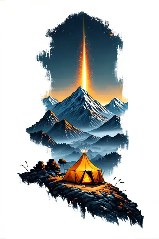 Force Landscape With A Tent Illuminated With Light In The Background In The Mountains