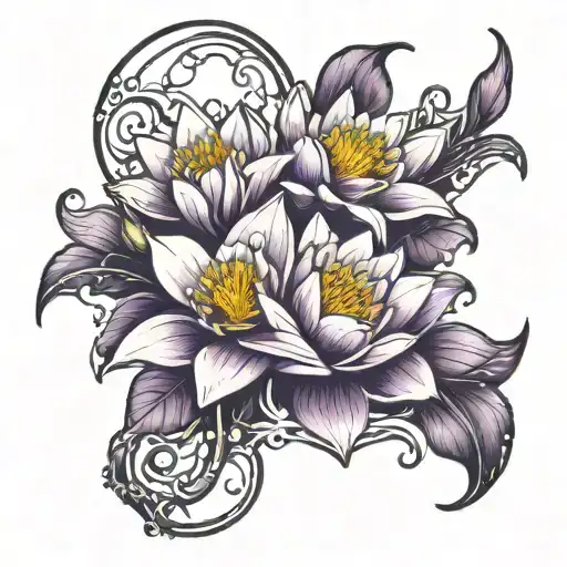 Violet And Water Lily Flowers Intertwined