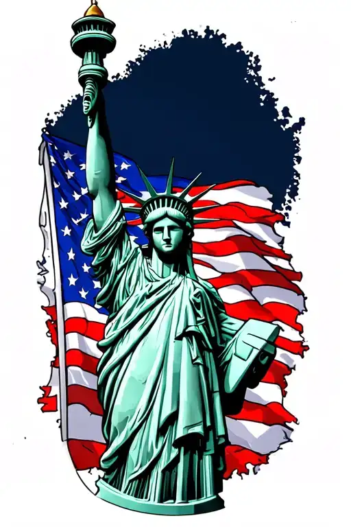 Statue Of Liberty With American Flag