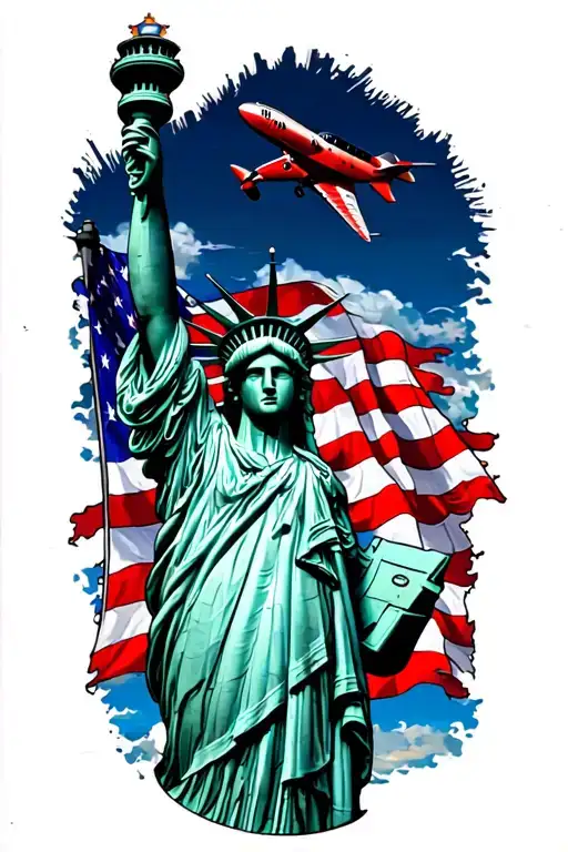 Statue Of Liberty With American Flag With Airplane And Compass