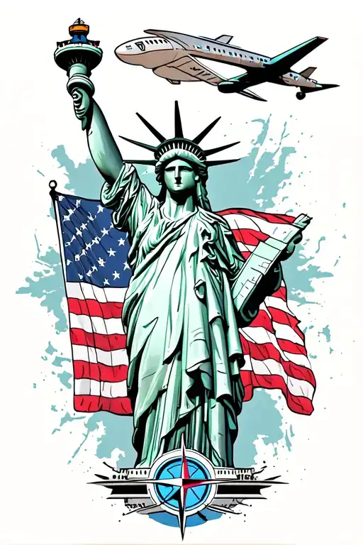 Statue Of Liberty With American Flag With Airplane With Compass