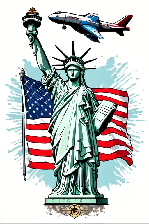 Statue Of Liberty With American Flag With Airplane With Compass