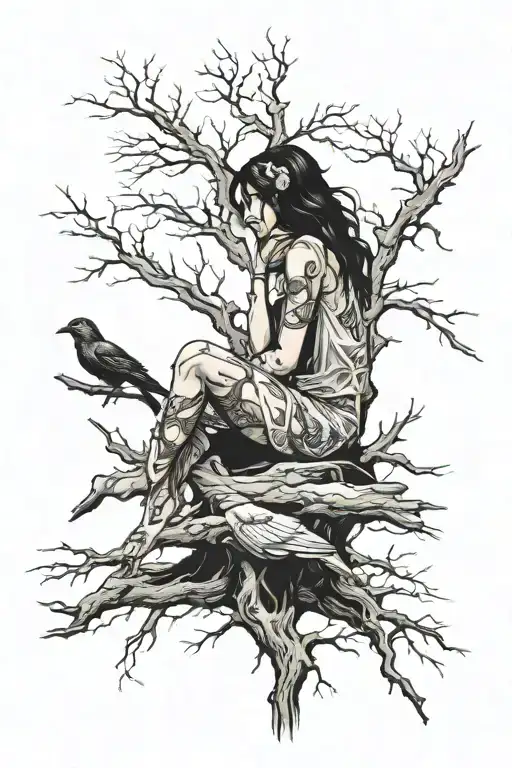Tree Sad Girl Sitting Ocean Beach 2 Birds On Branch