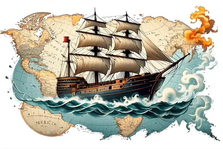 Ship Fading Into Smoke Forming Coiled Rope On A Nautical Map