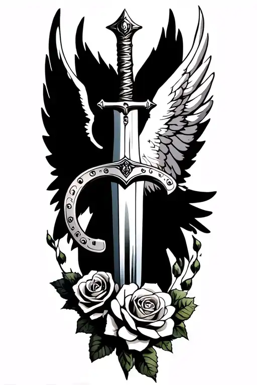 Angels Wings Behind A Sword With Roses And Horseshoe