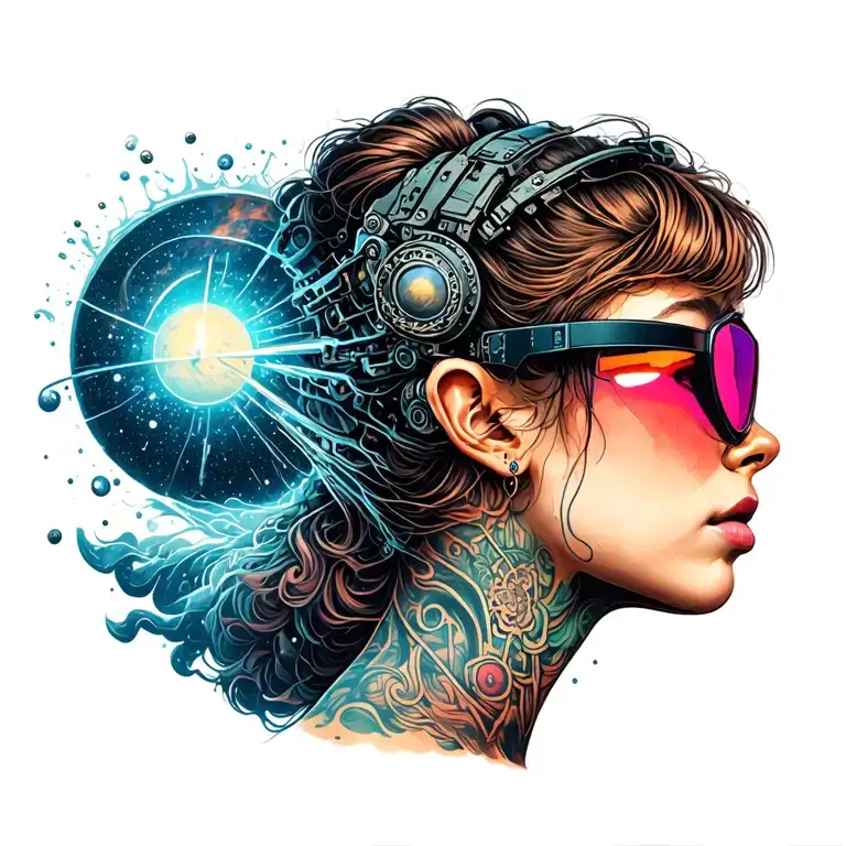 Girl In Profile With Rave Glases Looking Up With A Universe Pouring Out Of The Glases