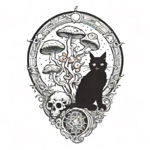 Witch Cat And Moon And Mushrooms