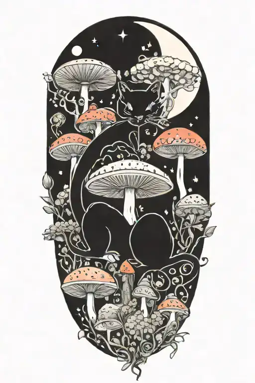 Black Cat And Trippy Colorful Mushrooms With Moon