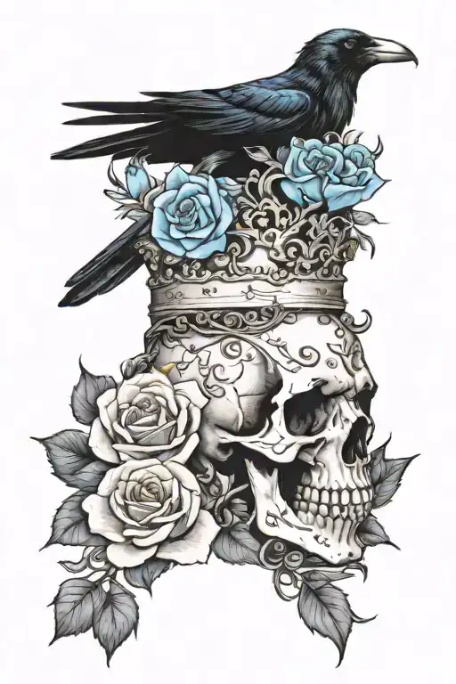 Raven Wearing Crown With Blue Rose And Skull