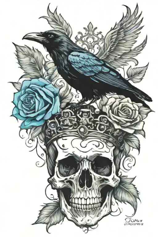 Raven Wearing Crown With Blue Rose And Skull