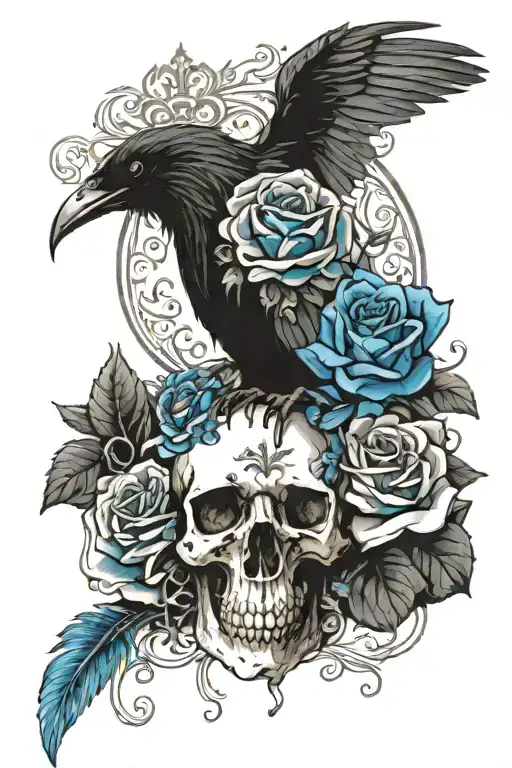 Raven Wearing Crown With Blue Rose And Skull