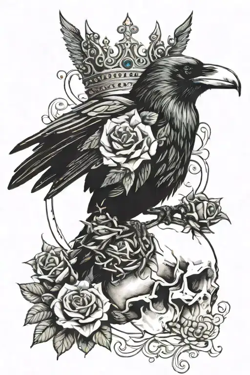 Raven Wearing Crown With Blue Rose And Skull