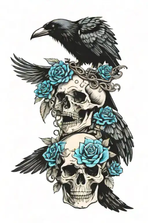 Raven Wearing Crown With Blue Rose And Skull