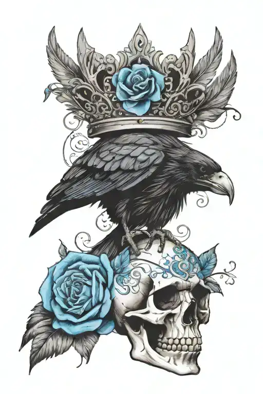 Raven Wearing Crown With Blue Rose And Skull