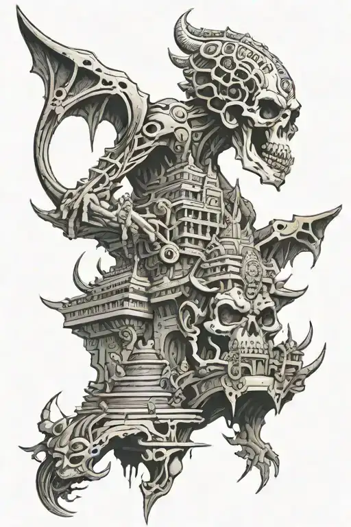 An Alien Head Having A Indian Temple With Skull Warriors Running Away From It Towards Us