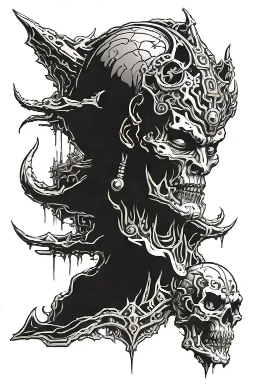 An Alien Head Having A Buddhist Temple With Skull Warriors Running Away From It Towards Us