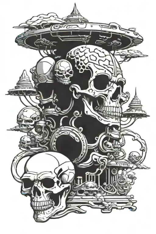 A Buddhist Temple On An Alien Head With Skull Warriors Running Away From It Towards Us