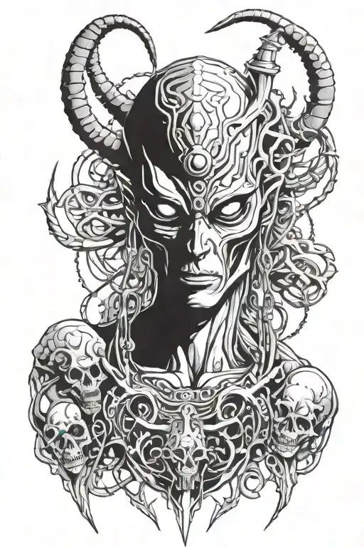 Alien Warrior With Third Eye And Horns Surrounded By Alien Like Creatures And Skull Necklace