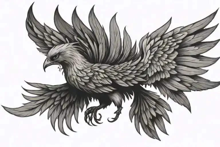 A Phoenix With Wings Spread Wide With A Person Sitting Cross-legged Under Each Wing
