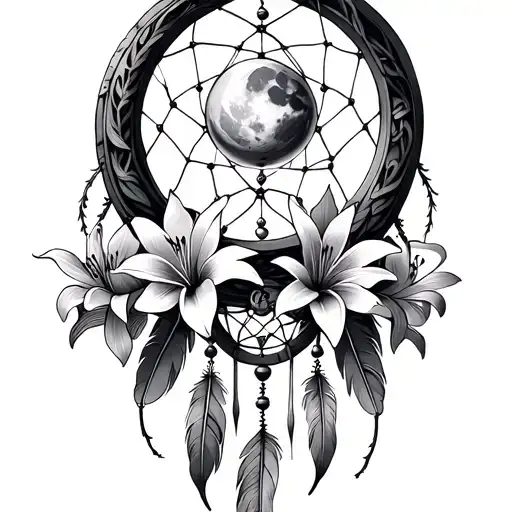 An Hourglass Moon Dream Catcher Filled With Lilies And Feathers