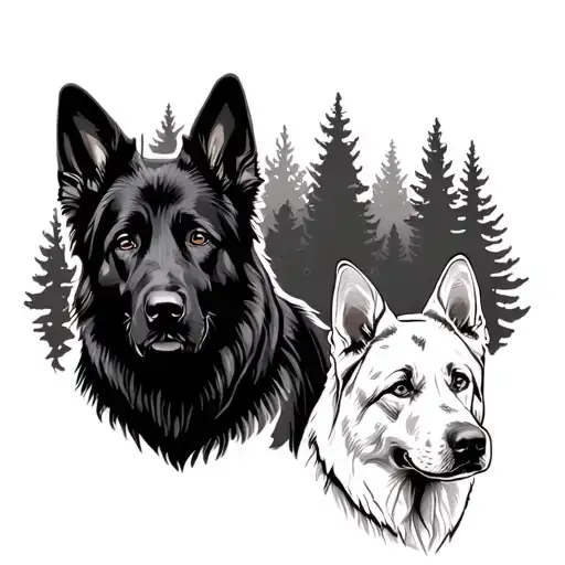 A Black German Shepherd And A White German Shephard Dog With A Forest Background