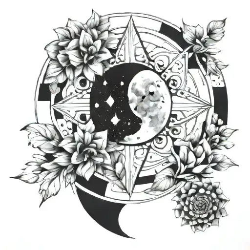 A Celestial-themed Tattoo Featuring Geometric Moon And Flower Elements
