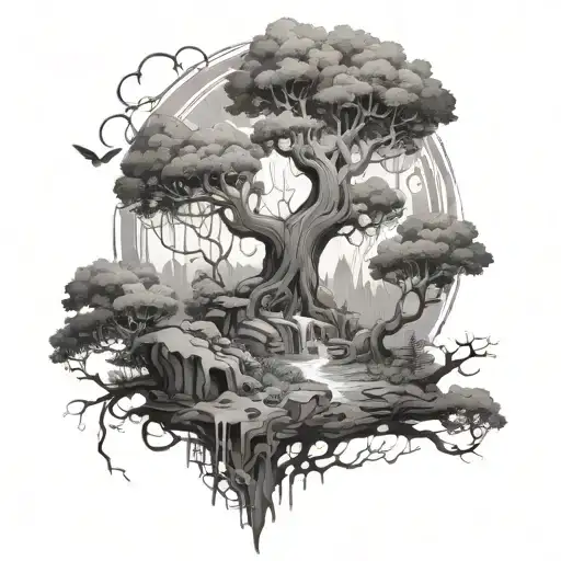 Design A Black And Grey Tattoo Of A Mystical Forest Inspired By Wakfu