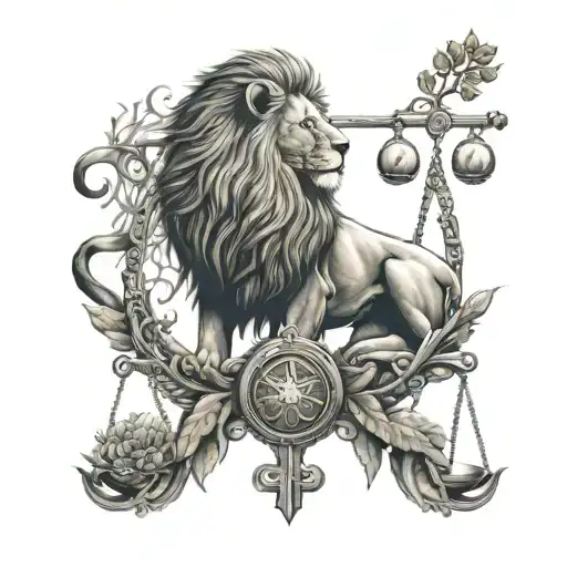 Lion Head And Justice Scales With Life Tree Emerging