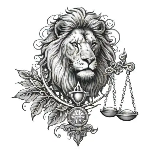 Lion Head And Justice Scales With Life Tree Emerging