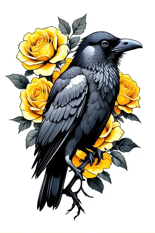 A Simple Design Of A Crow In Front Of Yellow Roses