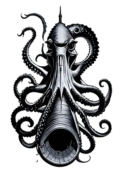 Kraken Behind Submarine Realistic Black And Grey