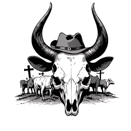 Cow Skull With Horns With A Cowboy Inside It Looking At Three Crosses And Cows