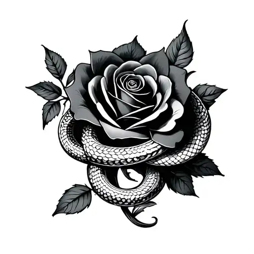 Snake Wrapped Around Black Rose Intertwined