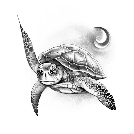 A Realistic Black And Grey Tattoo Of A Turtle With A Half Moon Shell