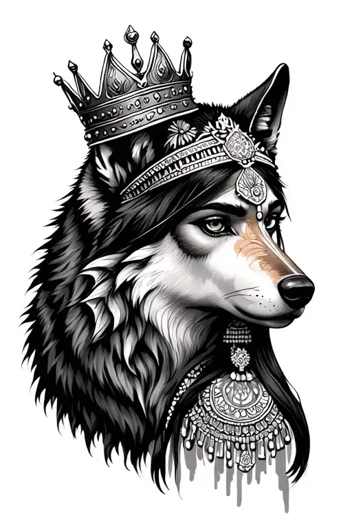 Wolf With India Woman With King Crown