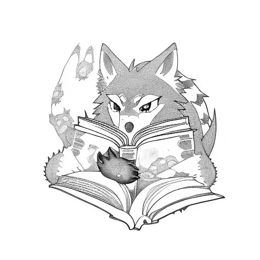An Anime-inspired Scene Of A Student Reading A Book With A Wolf And A Dragon By Their Side