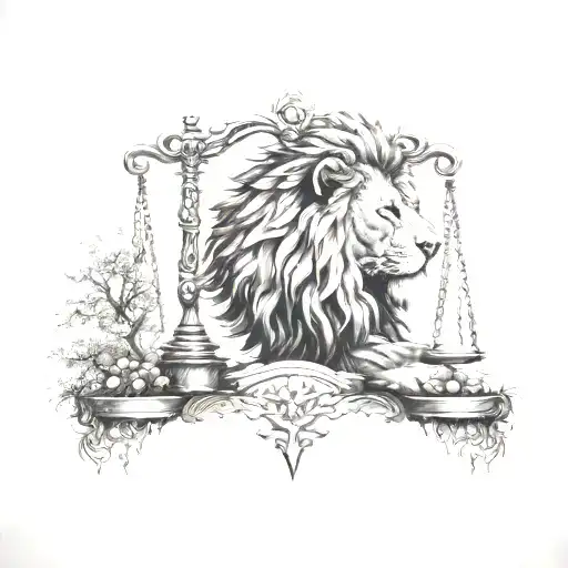 Lion Head And Justice Scales With Life Tree Emerging