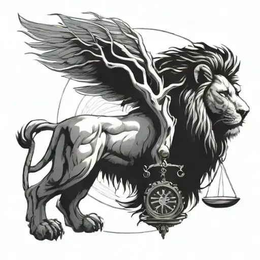 Lion Head And Justice Scales Forming The Shape Life Tree Emerging