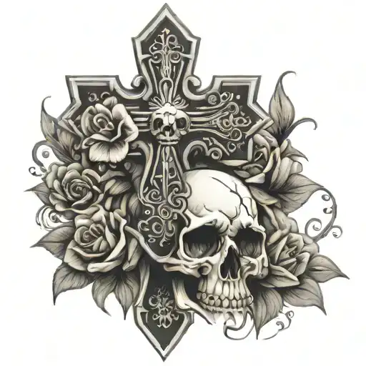 Cross With Skull And Flowers