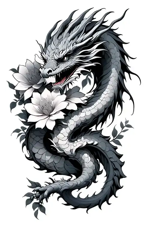 Dragon Wrapped Around Forearm With Flowers