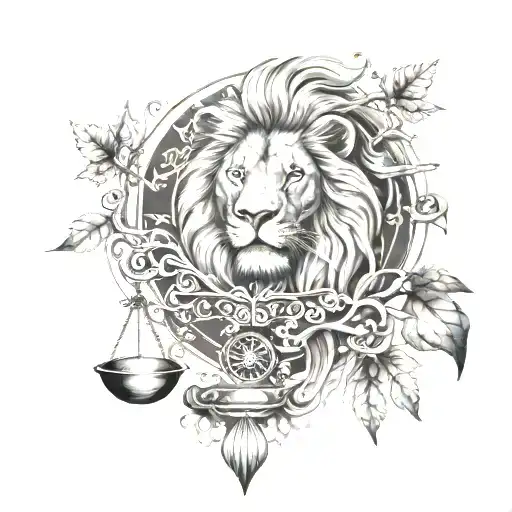 Lion Head And Justice Scales With Life Tree Emerging