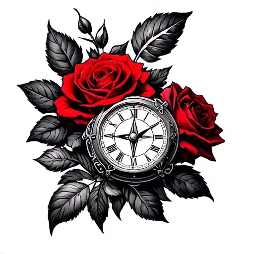 Two Rose Wrapped One Black One Red Vintage Compass Vintage Clock