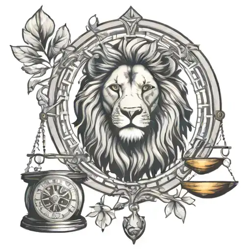 Lion Head And Justice Scales With Life Tree Emerging