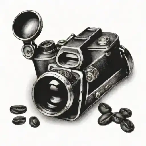 A Realistic Black And Grey Tattoo Of A Vintage Camera Surrounded By Coffee Beans